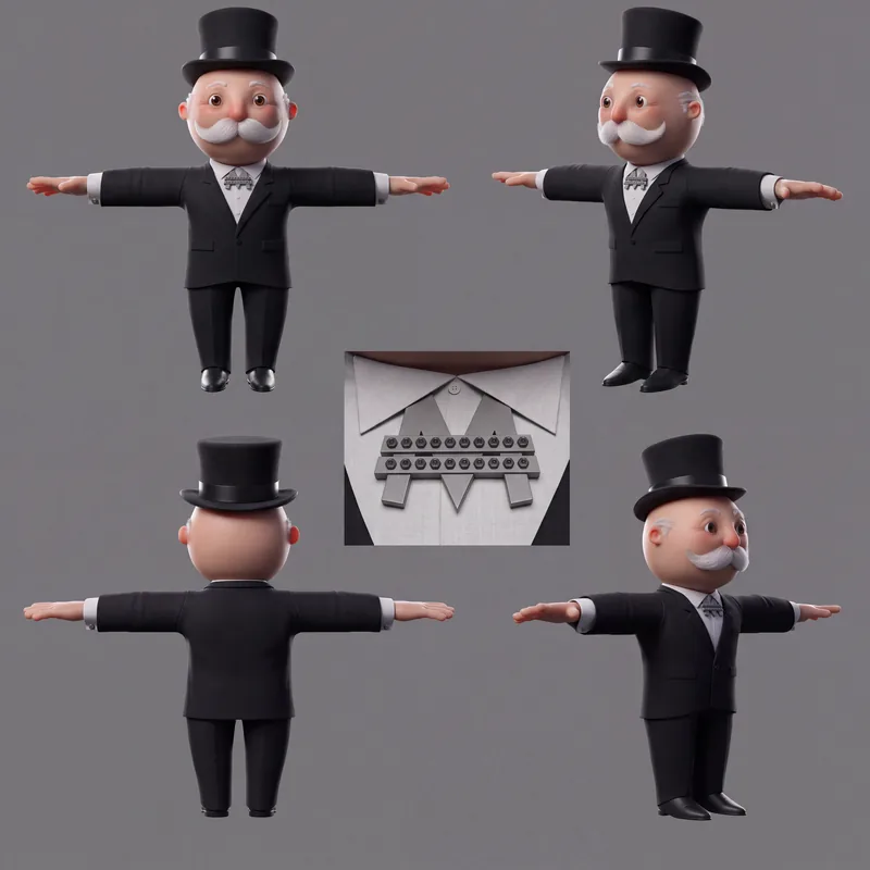 Mr Monopoly 3D character model shown from the front, three-quarter, side and back, with a close-up of his tie pin