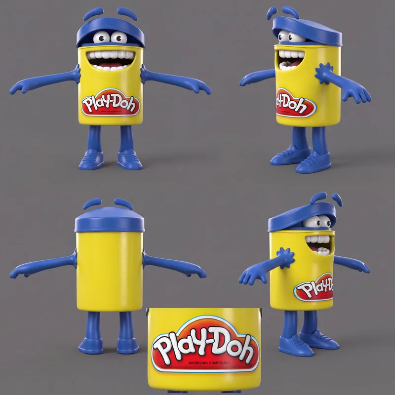 Play-Doh can 3D character model shown from the front, three-quarter, side and back, with a close-up of the Play-Doh label