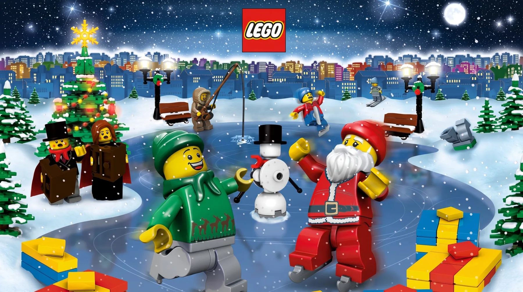 Giant LEGO Christmas point-of-sale artwork for John Lewis: minifigures skating on a frozen pond in a snowy LEGO town