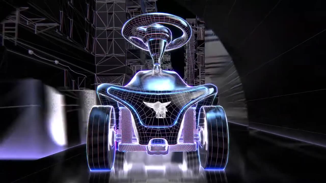 The finished Bobby Car NEO commercial: the toy rendered in glowing wireframe