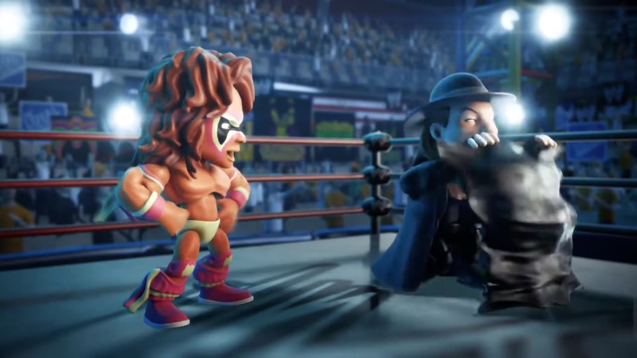 WWE figures campaign still: two wrestler figures in a ring